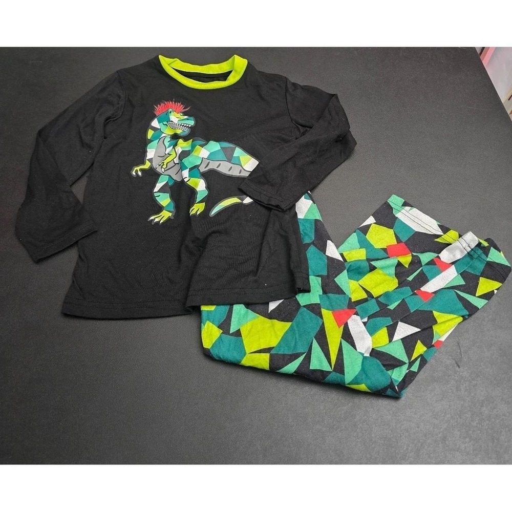 Boys Dinosaur T-Rex Geometric Camo Long Sleeve Pajama Set Black Green XS